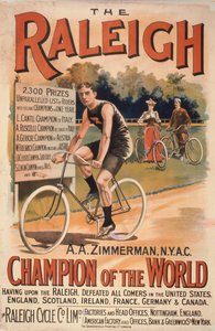 Reklameplakat for cykler Raleigh med et portræt af verdensmesteren Arthur Augustus Zimmerman, 1893